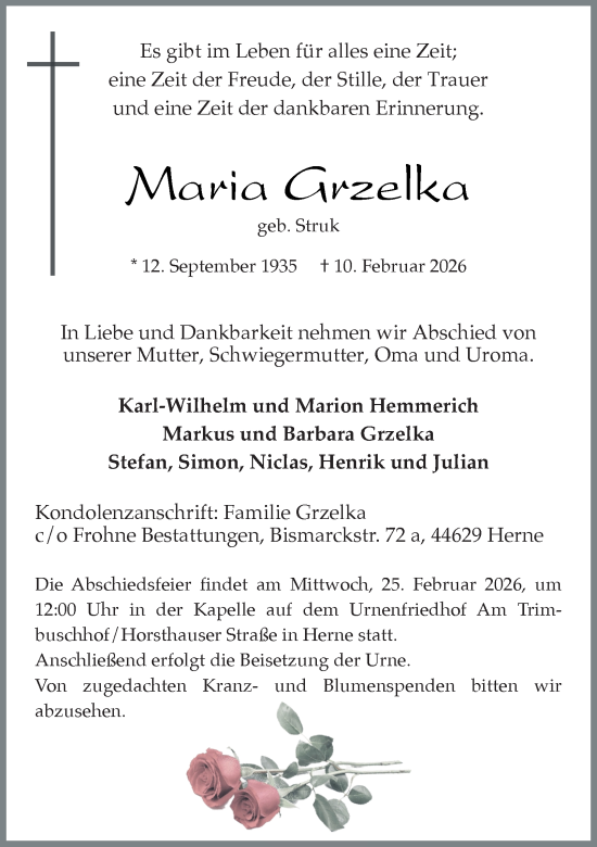 Traueranzeige von Maria Grzelka von Tageszeitung