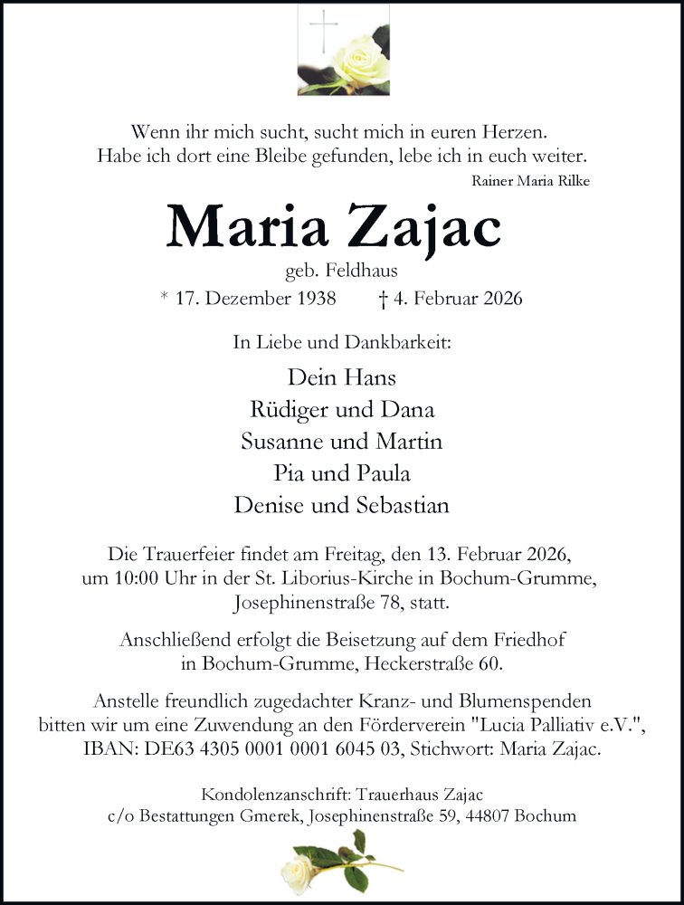  Traueranzeige für Maria Zajac vom 07.02.2026 aus Tageszeitung