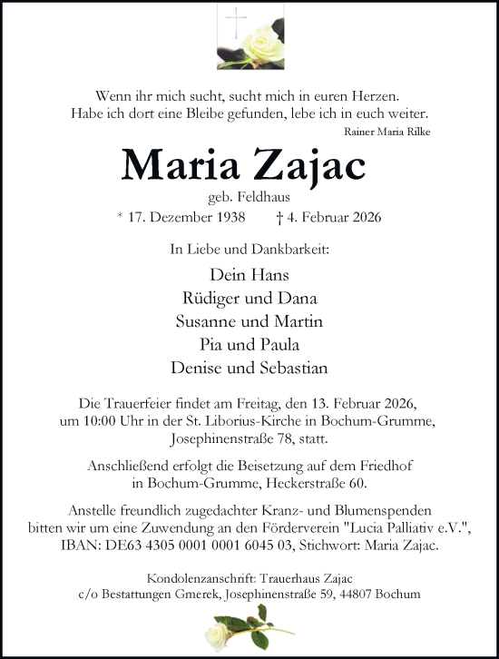 Traueranzeige von Maria Zajac von Tageszeitung