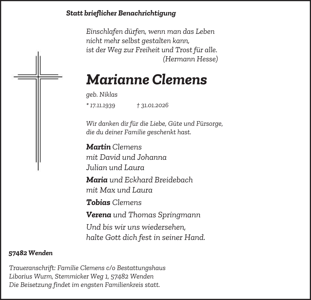  Traueranzeige für Marianne Clemens vom 05.02.2026 aus Tageszeitung