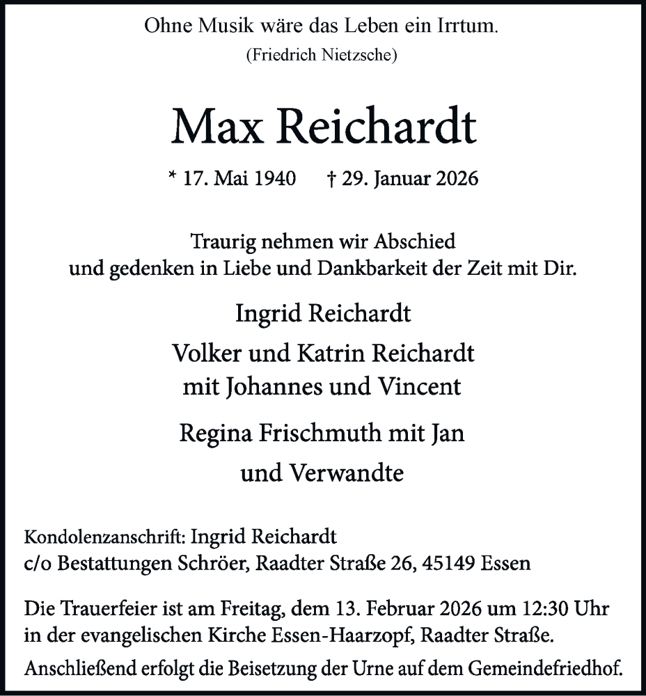  Traueranzeige für Max Reichardt vom 07.02.2026 aus Tageszeitung