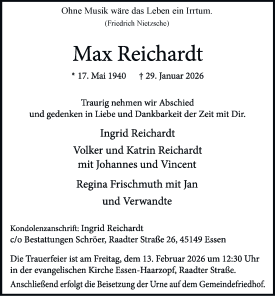 Traueranzeige von Max Reichardt von Tageszeitung