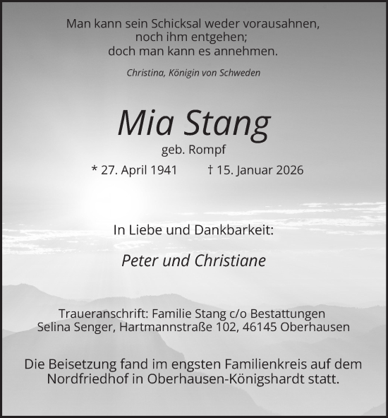 Traueranzeige von Mia Stang von Tageszeitung