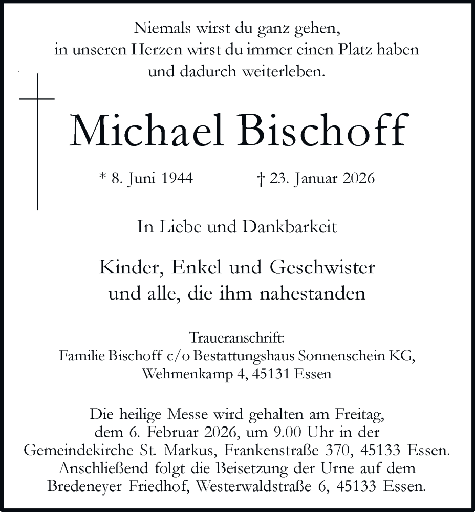  Traueranzeige für Michael Bischoff vom 05.02.2026 aus Tageszeitung