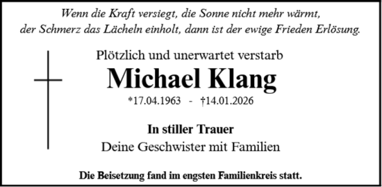 Traueranzeige von Michael Klang von Tageszeitung