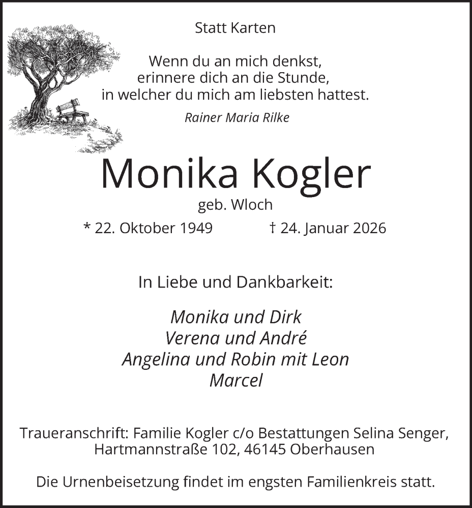  Traueranzeige für Monika Kogler vom 07.02.2026 aus Tageszeitung