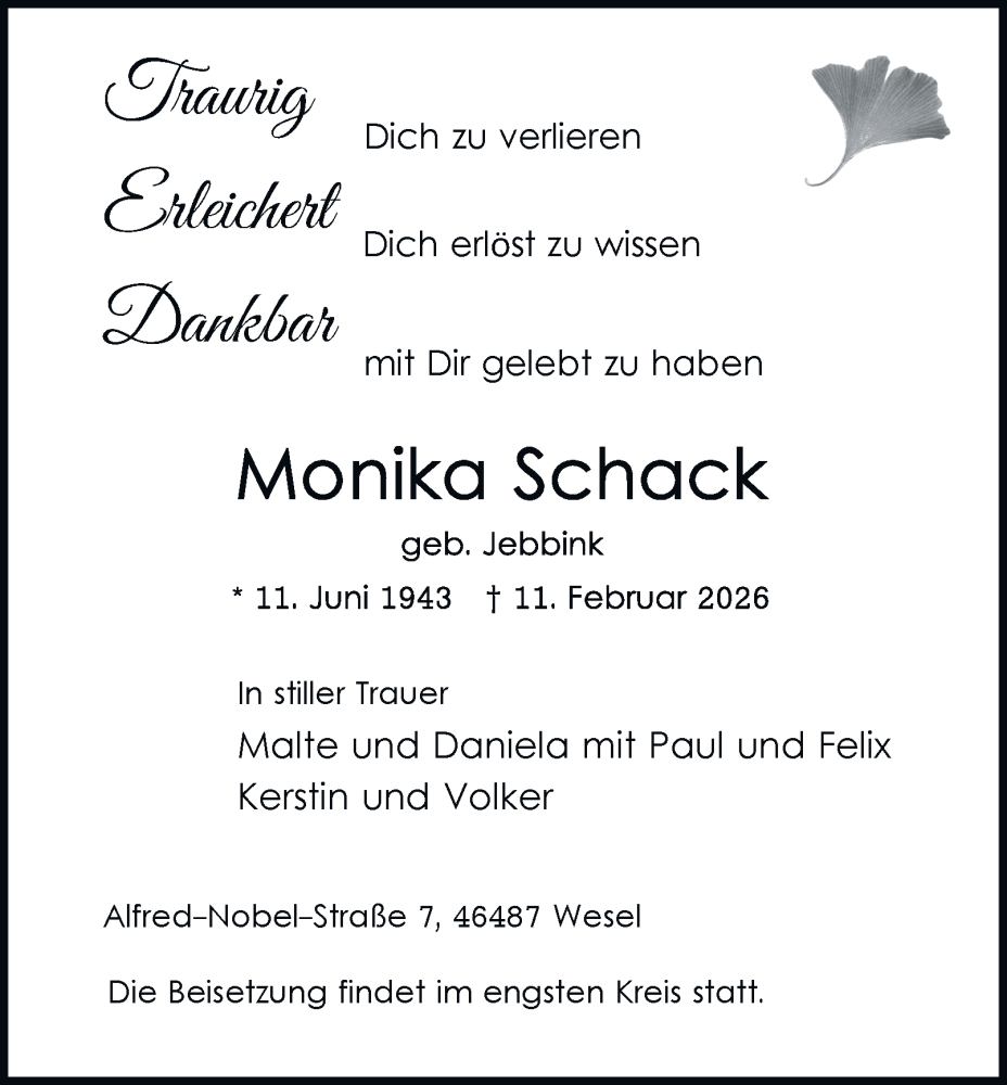  Traueranzeige für Monika Schack vom 14.02.2026 aus Tageszeitung