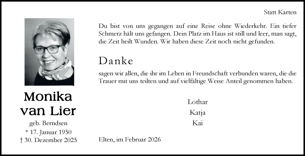  Traueranzeige für Monika van Lier vom 07.02.2026 aus Tageszeitung
