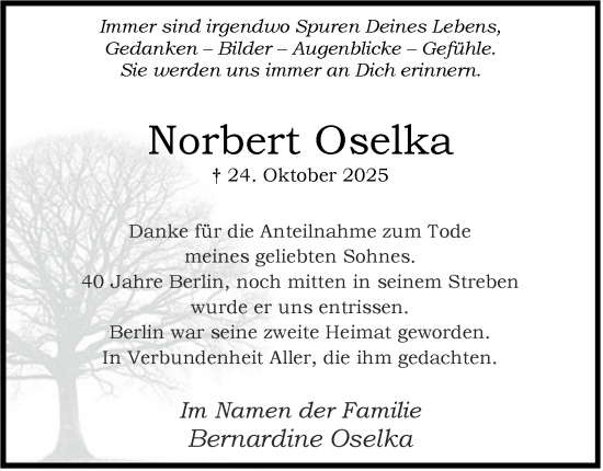 Traueranzeige von Norbert Oselka von Tageszeitung