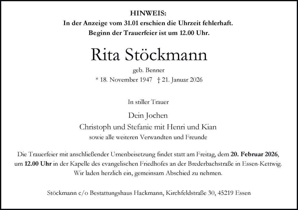  Traueranzeige für Rita Stöckmann vom 07.02.2026 aus Tageszeitung