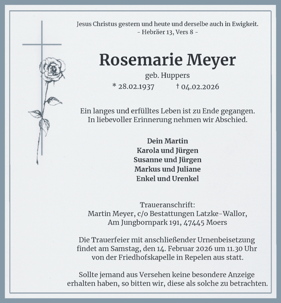  Traueranzeige für Rosemarie Meyer vom 07.02.2026 aus Tageszeitung