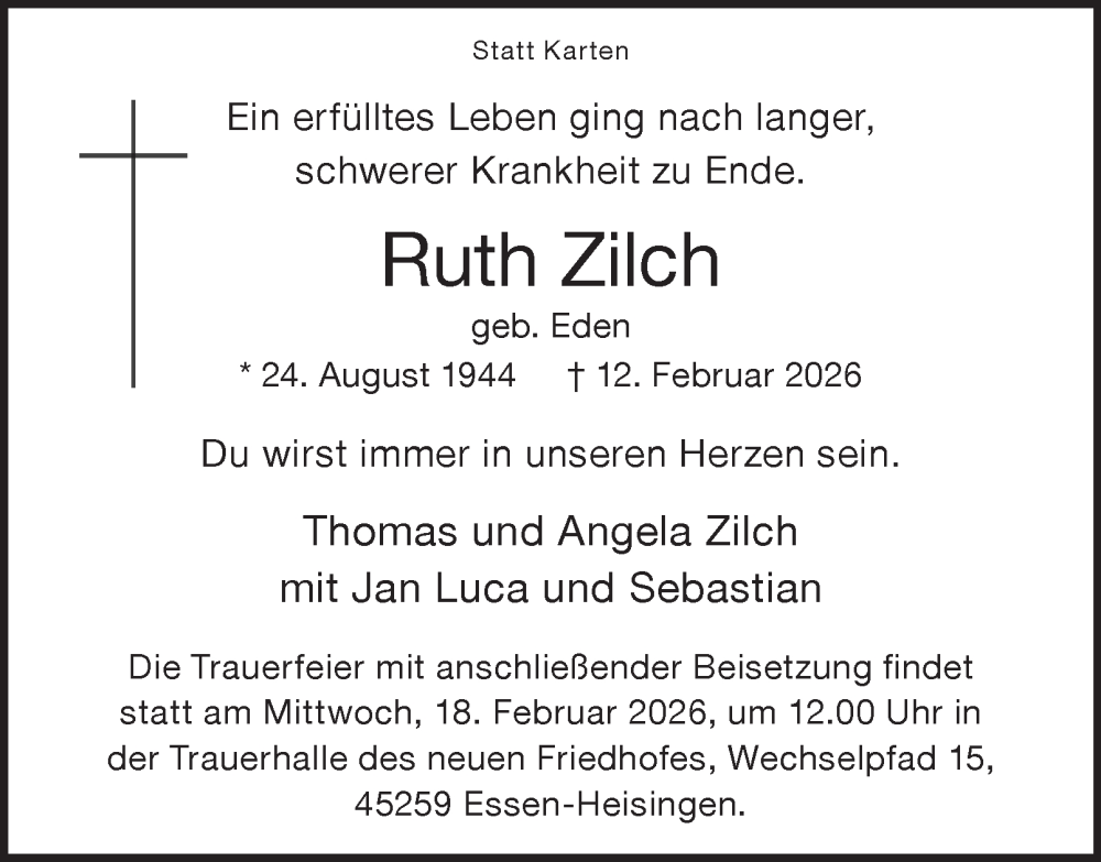  Traueranzeige für Ruth Zilch vom 14.02.2026 aus Tageszeitung