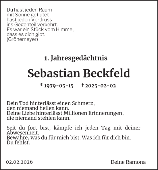 Traueranzeige von Sebastian Beckfeld von Tageszeitung