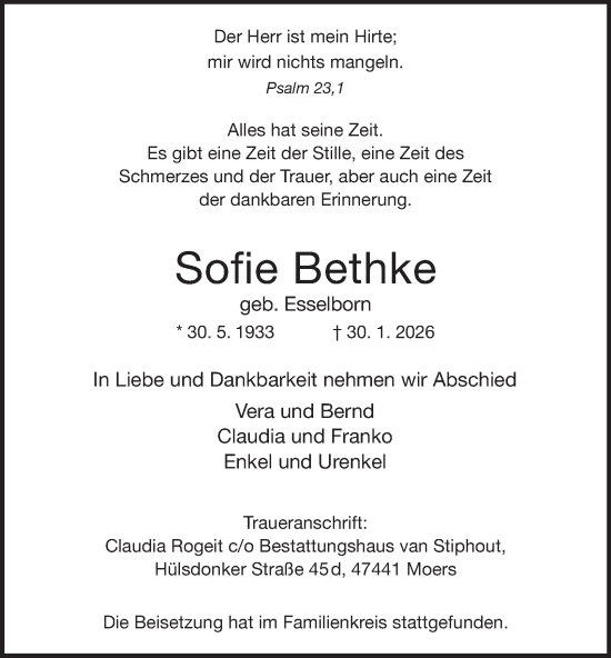 Traueranzeige von Sofie Bethke von Tageszeitung