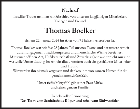 Traueranzeige von Thomas Boelker von Tageszeitung
