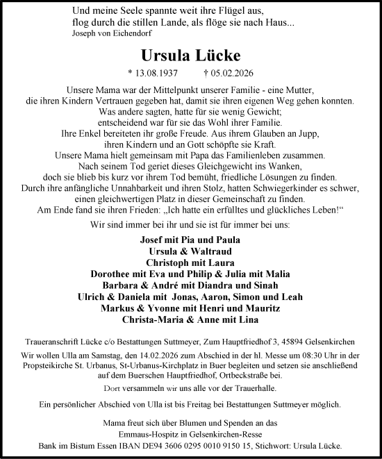 Traueranzeige von Ursula Lücke von Tageszeitung