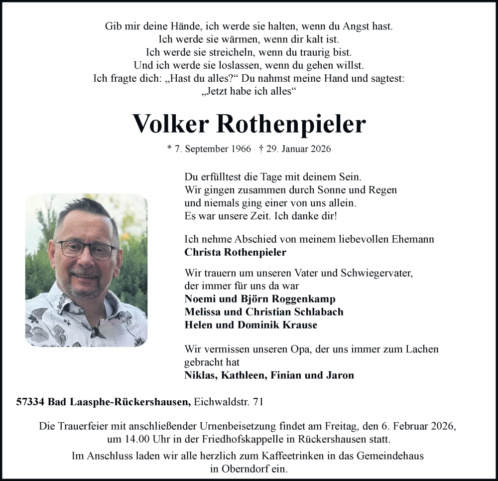  Traueranzeige für Volker Rothenpieler vom 04.02.2026 aus Tageszeitung