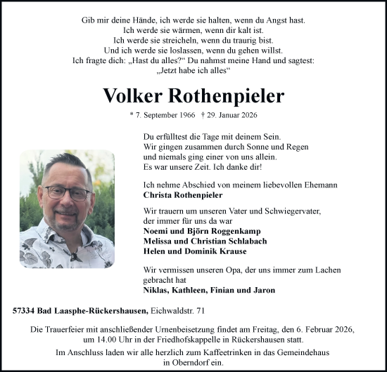Traueranzeige von Volker Rothenpieler von Tageszeitung