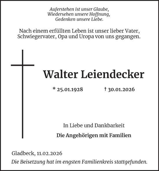 Traueranzeige von Walter Leiendecker von Tageszeitung