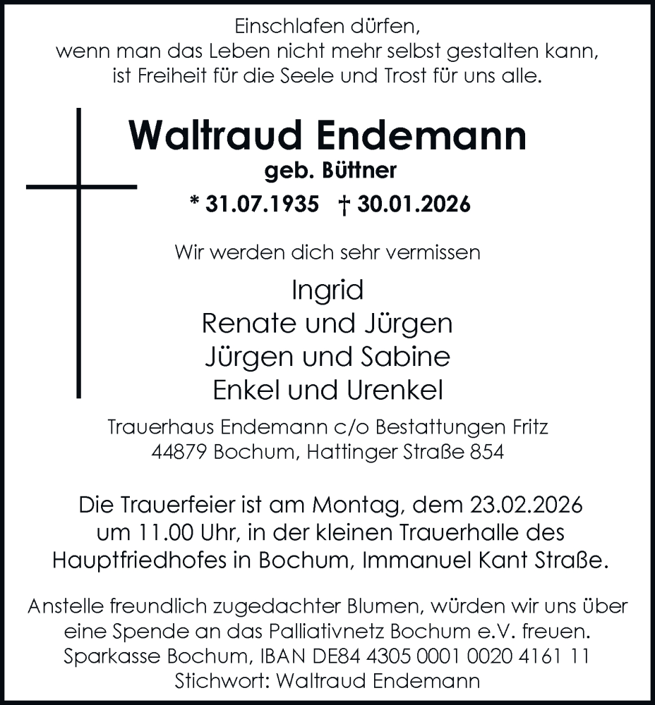  Traueranzeige für Waltraud Endemann vom 07.02.2026 aus Tageszeitung