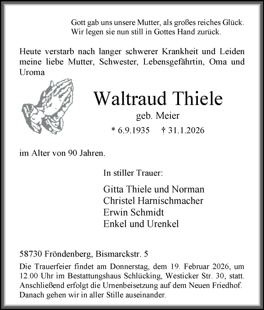  Traueranzeige für Waltraud Thiele vom 07.02.2026 aus Tageszeitung