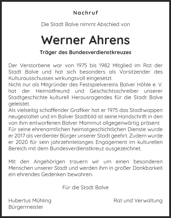 Traueranzeige von Werner Ahrens von Tageszeitung