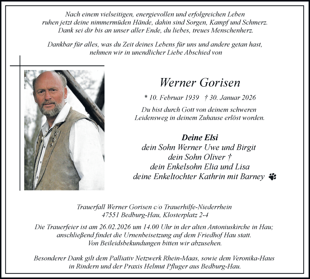  Traueranzeige für Werner Gorisen vom 07.02.2026 aus Tageszeitung
