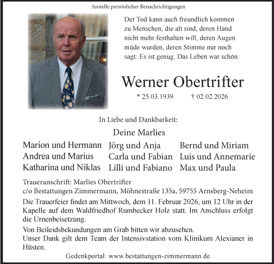 Traueranzeige von Werner Obertrifter von Tageszeitung