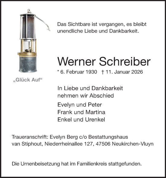 Traueranzeige von Werner Schreiber von Tageszeitung