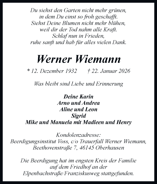 Traueranzeige von Werner Wiemann von Tageszeitung