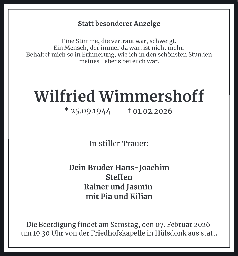  Traueranzeige für Wilfried Wimmershoff vom 05.02.2026 aus Tageszeitung