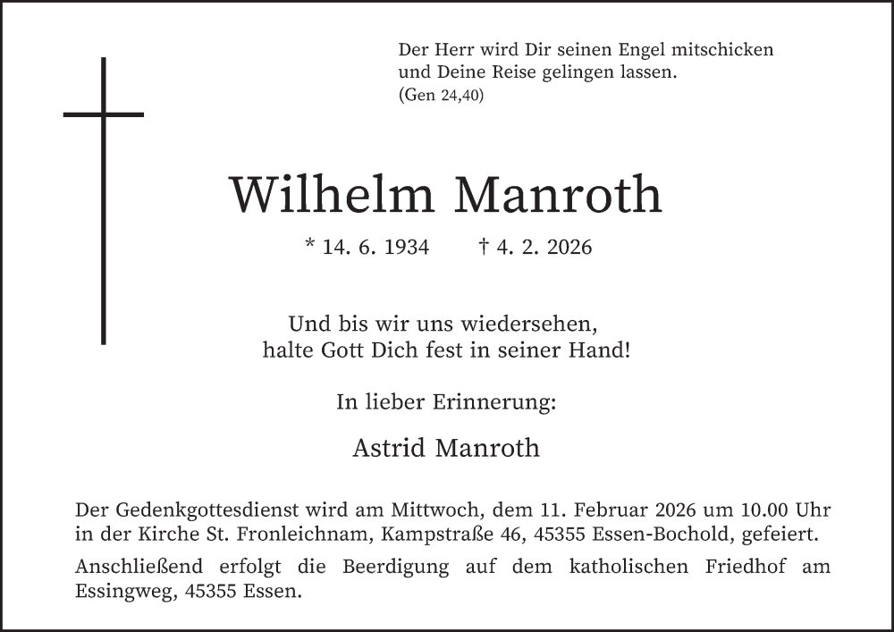  Traueranzeige für Wilhelm Manroth vom 07.02.2026 aus Tageszeitung