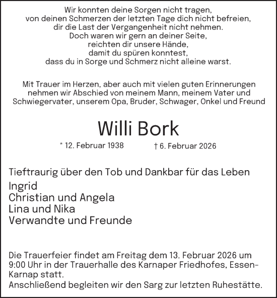 Traueranzeige von Willi Bork von Tageszeitung
