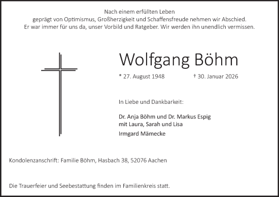 Traueranzeige von Wolfgang Böhm von Tageszeitung
