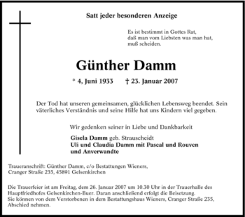 Traueranzeige von Günther Damm von Tageszeitung