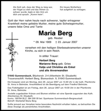 Traueranzeige von Maria Berg von Tageszeitung