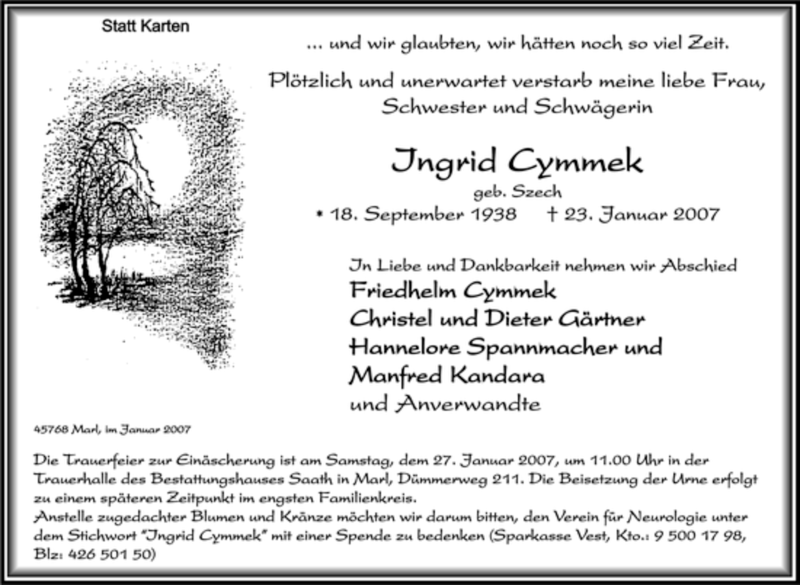  Traueranzeige für Ingrid Cymmek vom 25.01.2007 aus Tageszeitung