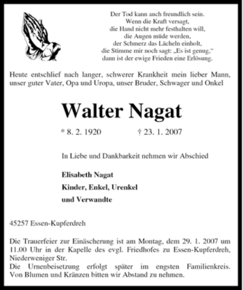 Traueranzeige von Walter Nagat von Tageszeitung