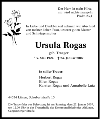 Traueranzeige von Ursula Rogas von Tageszeitung
