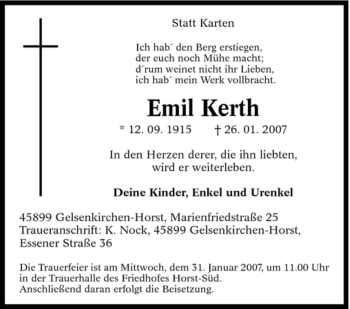 Traueranzeige von Emil Kerth von Tageszeitung