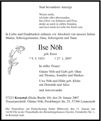 Traueranzeige von lse Nöh von Tageszeitung