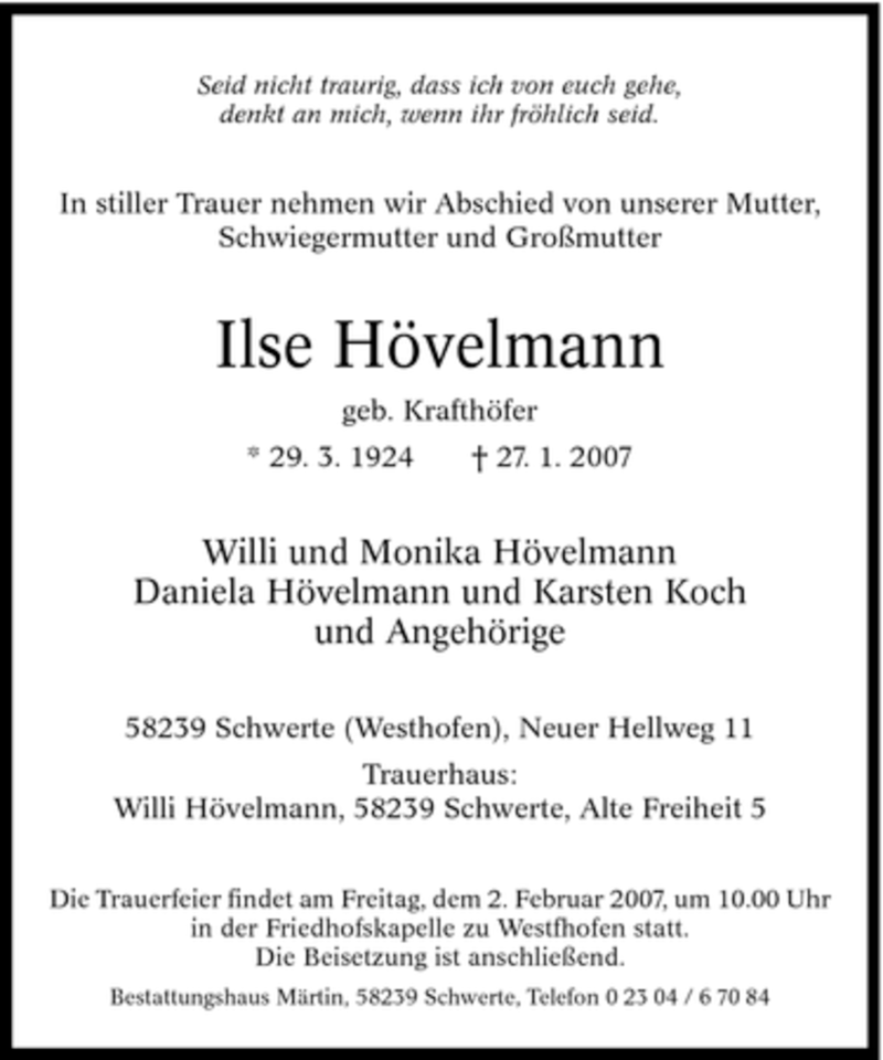  Traueranzeige für lse Hövelmann vom 29.01.2007 aus Tageszeitung