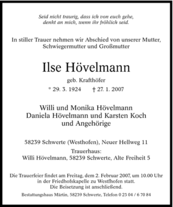 Traueranzeige von lse Hövelmann von Tageszeitung