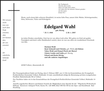 Traueranzeige von Edelgard Wahl von Tageszeitung
