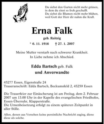 Traueranzeige von Erna Falk von Tageszeitung