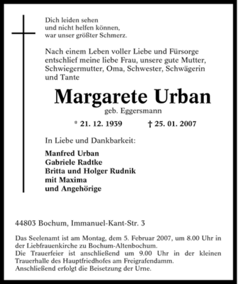  Traueranzeige für Margarete Urban vom 31.01.2007 aus Tageszeitung