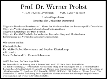 Traueranzeige von Werner Probst von Tageszeitung