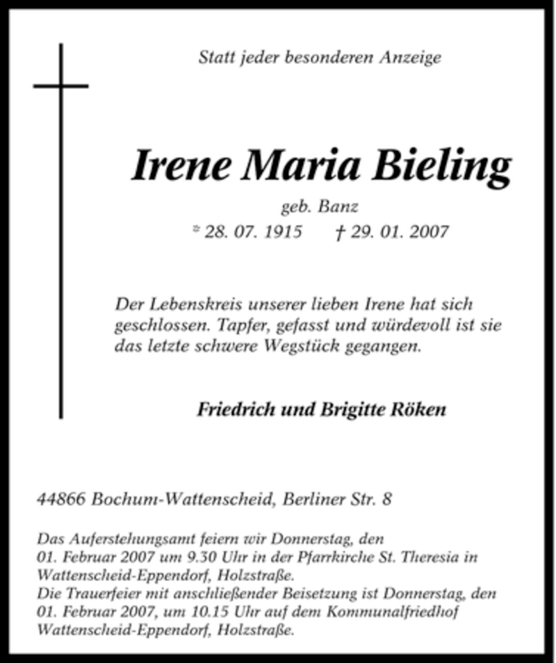  Traueranzeige für Irene Maria Bieling vom 31.01.2007 aus Tageszeitung