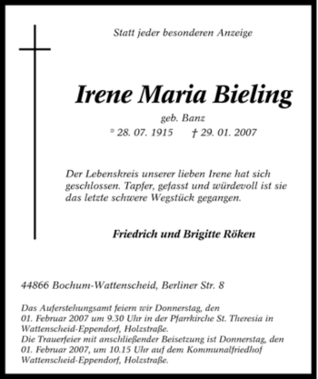 Traueranzeige von Irene Maria Bieling von Tageszeitung