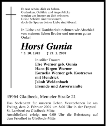 Traueranzeige von Horst Gunia von Tageszeitung